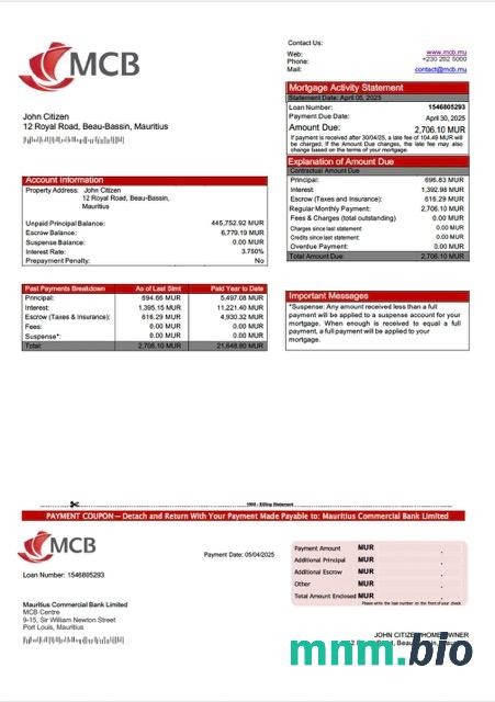 Mauritius Commercial Bank Limited wyciąg z kredytu hipotecznego szablon Word i PDF